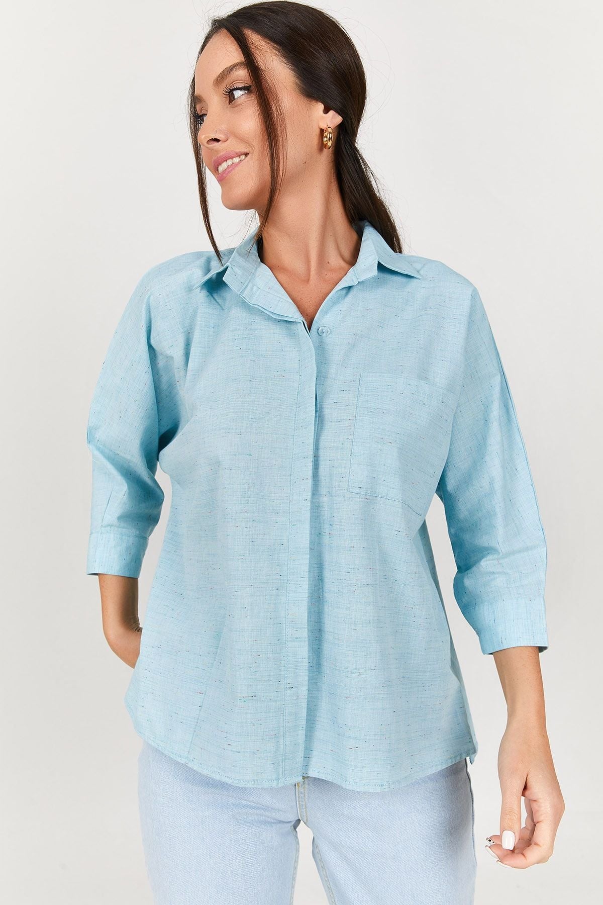 Women's Baby Blue POCKET LINEN SHIRT ARM-21Y001035