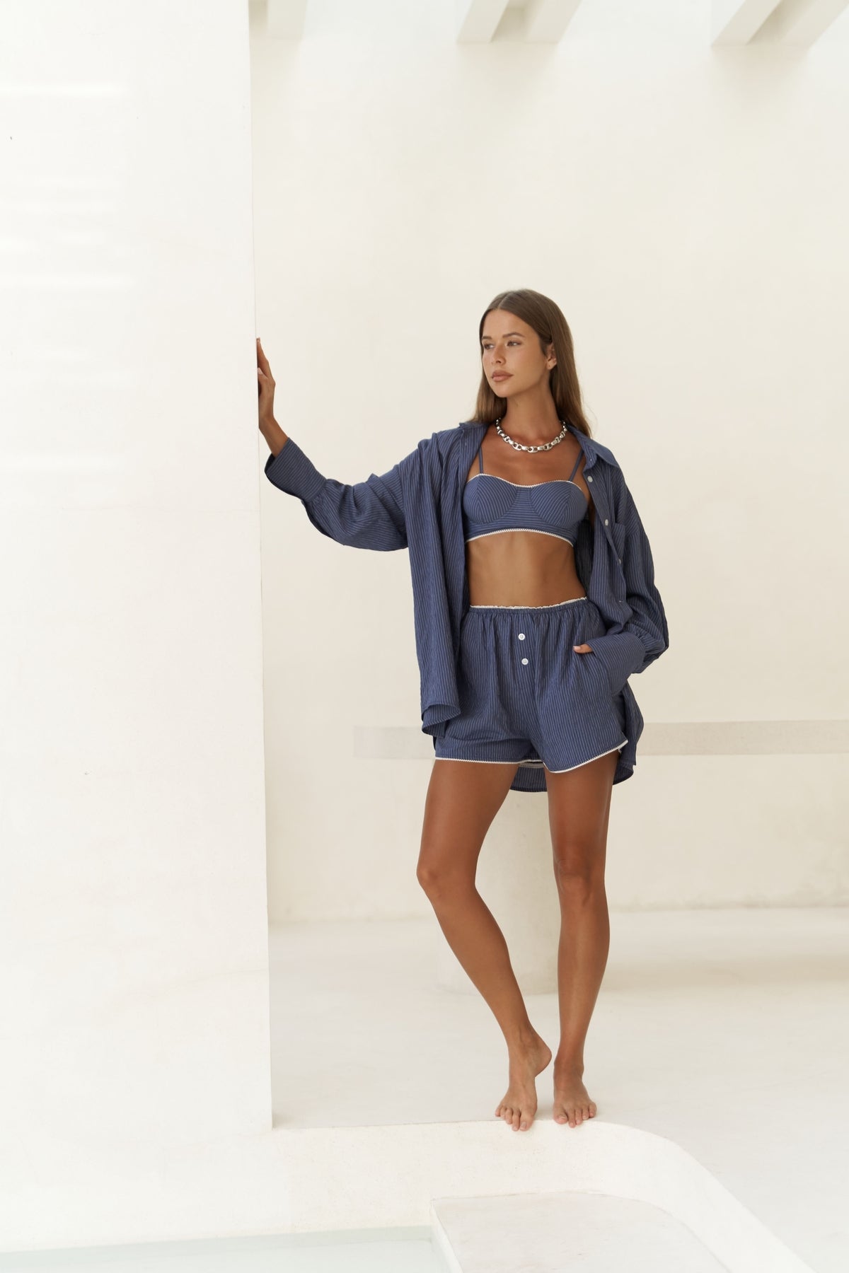 Leda Indigo Three Piece Set with Lace Detail Shorts