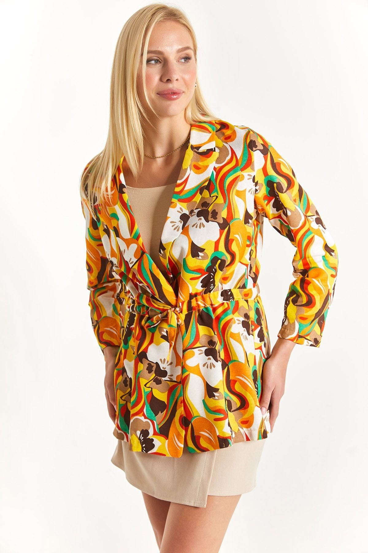 Women's Yellow Waist Drawstring Oversize Jacket Arm-23y001066