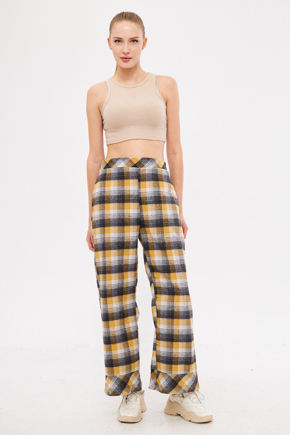 Women's Yellow Elastic Back Waist Detailed Pocket Palazzo Trousers ARM-25K001018