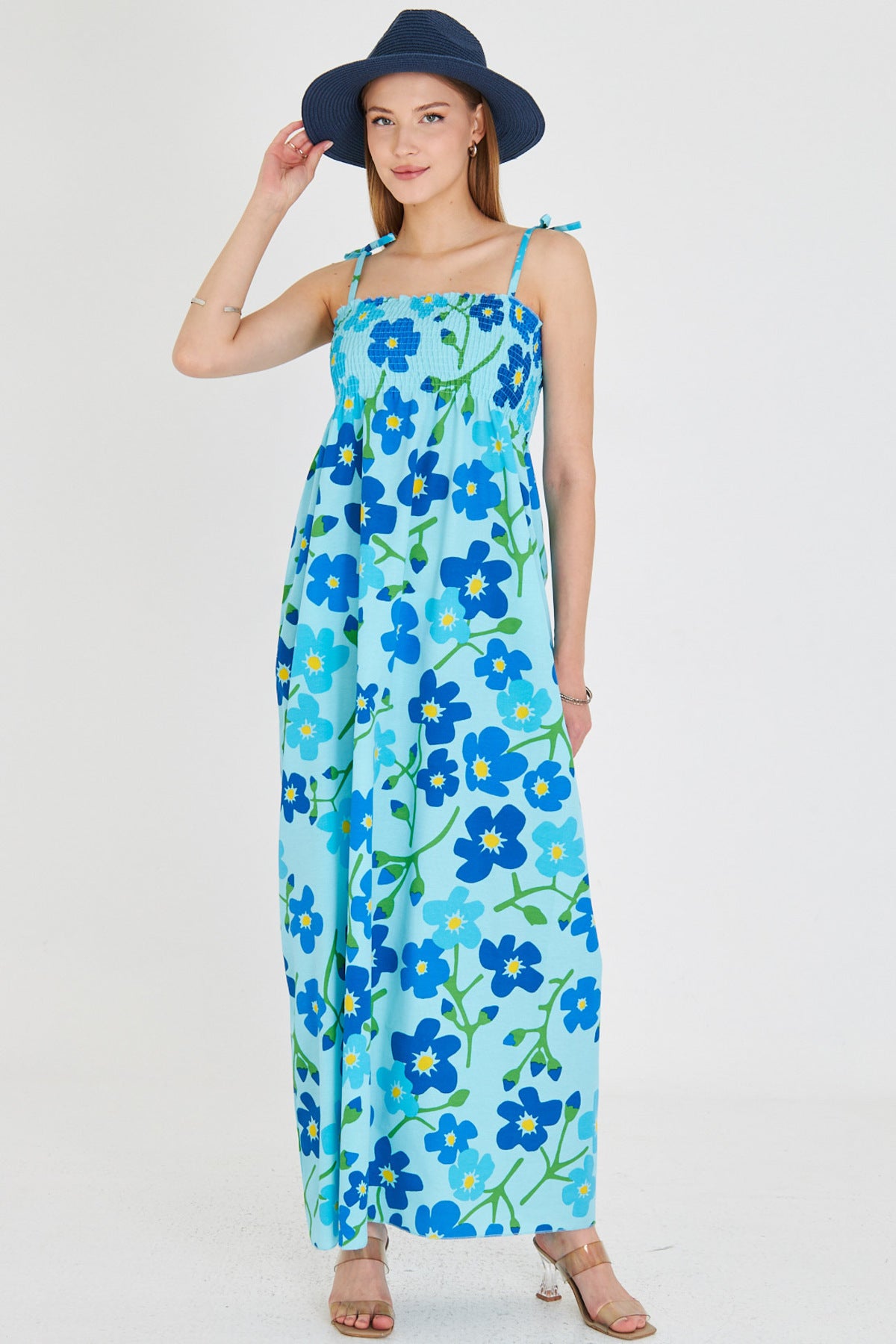 Women's Baby Blue Straps Lace Up Chest Gimp Elastic Long Dress ARM-25Y001048