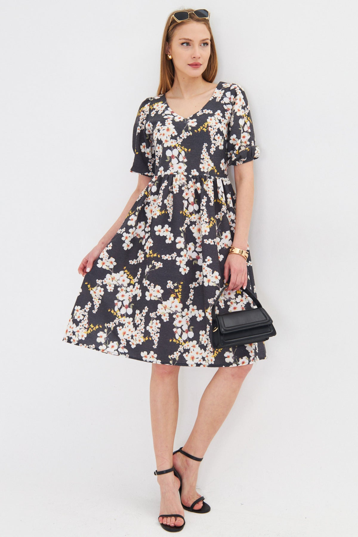 Women's Yellow U-Neck Sleeves Elastic Waist Gathered Midi Dress ARM-25Y001003