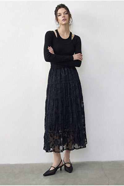 Women's Elastic Waist Self Patterned Lined Midi Skirt 355 60286035