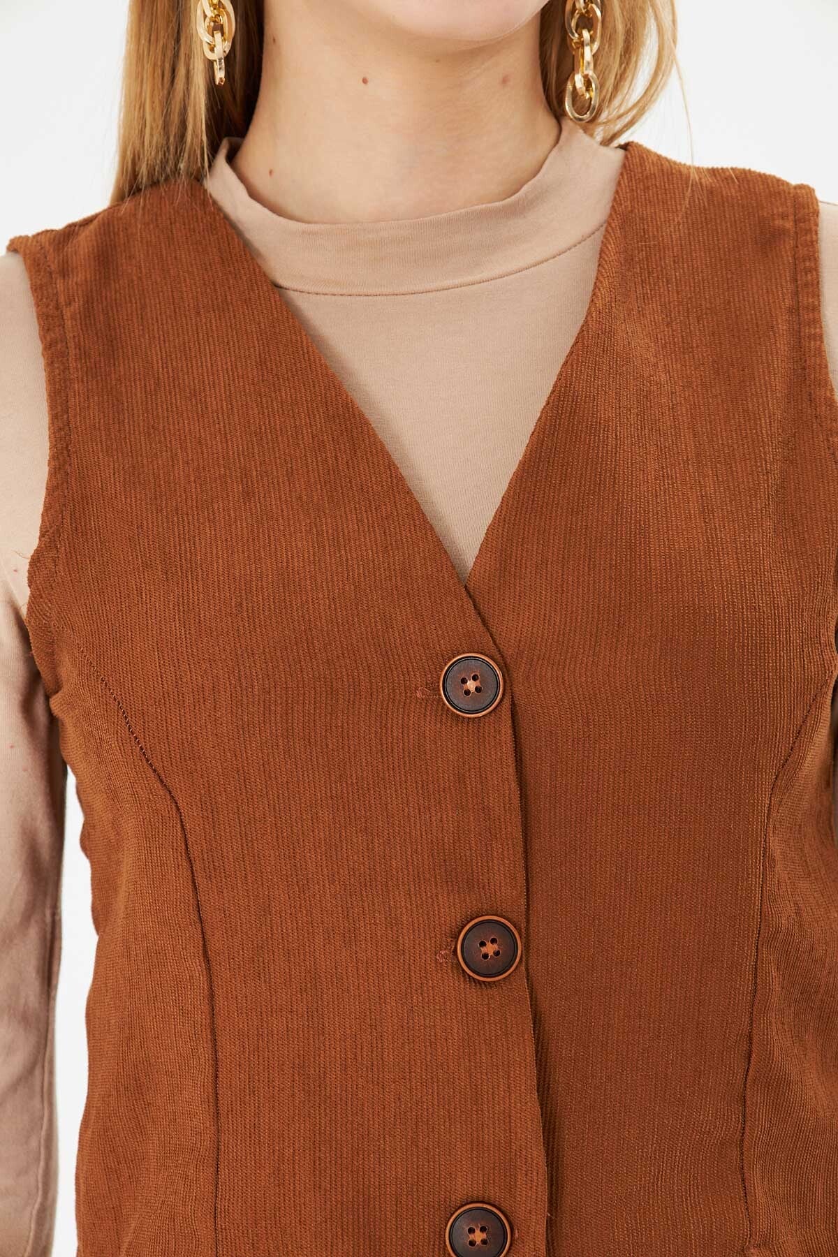 Women's Tan V-Neck Slim Corduroy Vest ARM-25K001008