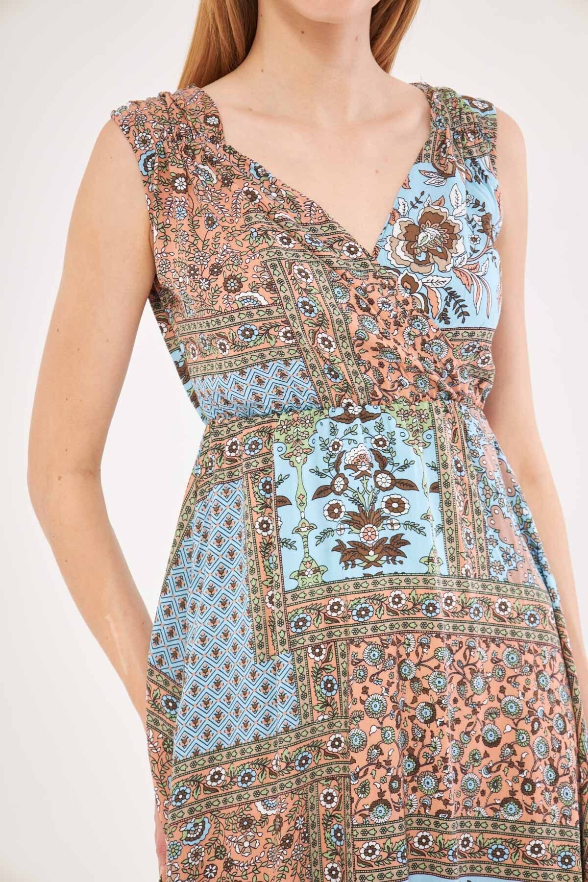 Women's Baby Blue Patterned Double Breasted Collar Midi Dress with Elastic Waist and Shoulders ARM-24Y001052