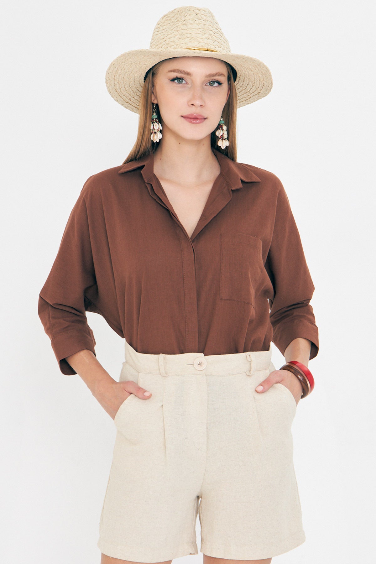 Women's Dark Brown Loose Linen Shirt with Pockets ARM-21Y001035