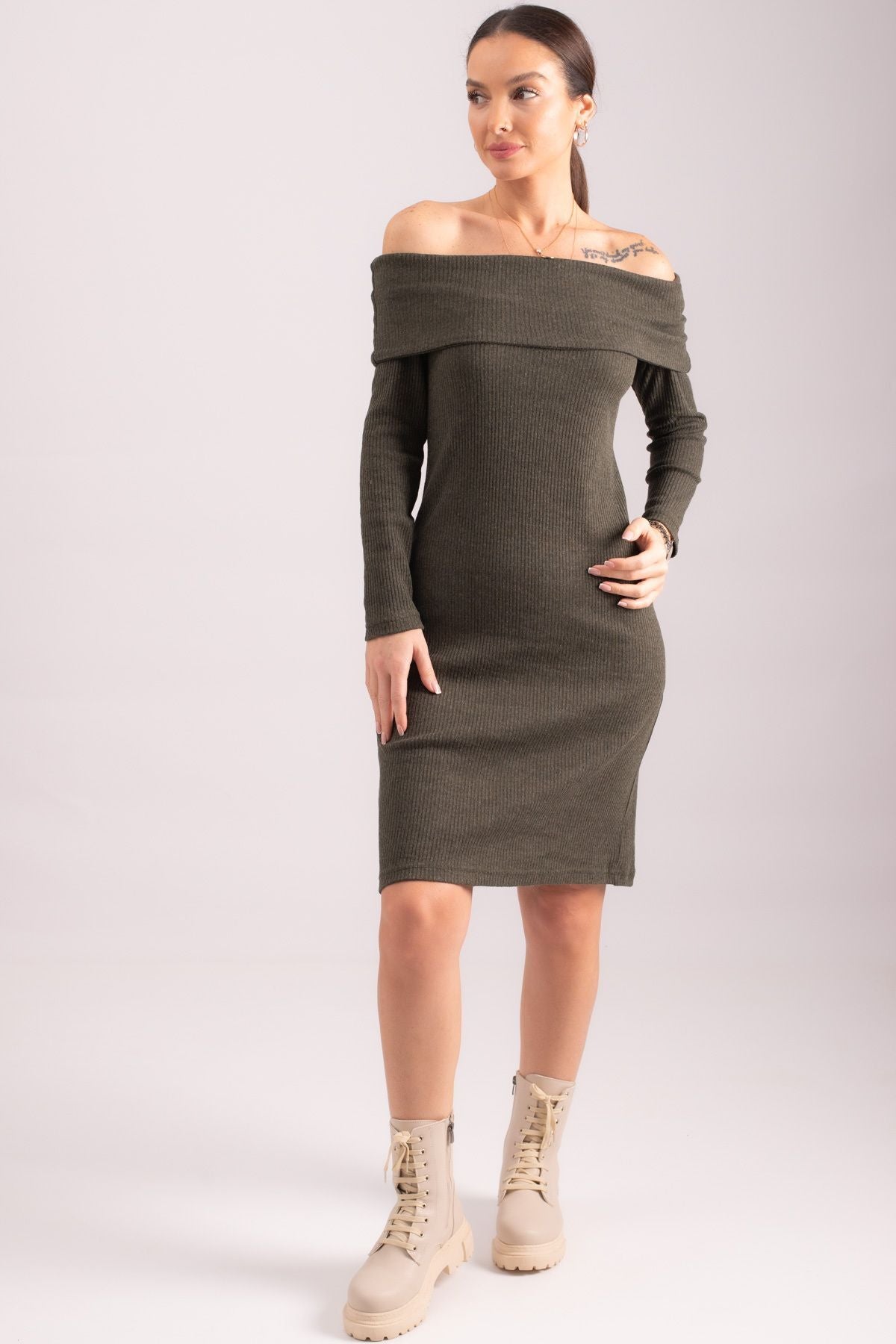 Women's Khaki Madonna Collar Fitted Ribbed Camisole Dress ARM-24K001070