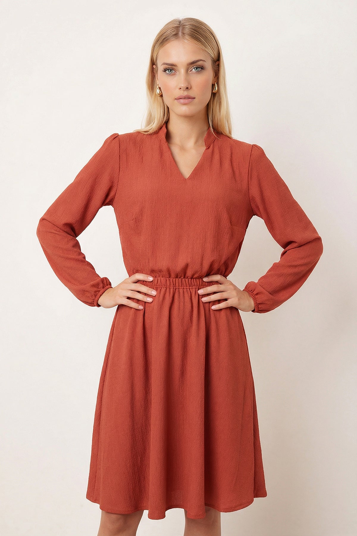 Women's Tile V-Neck Elastic Waist Flared Dress ARM-26K001094