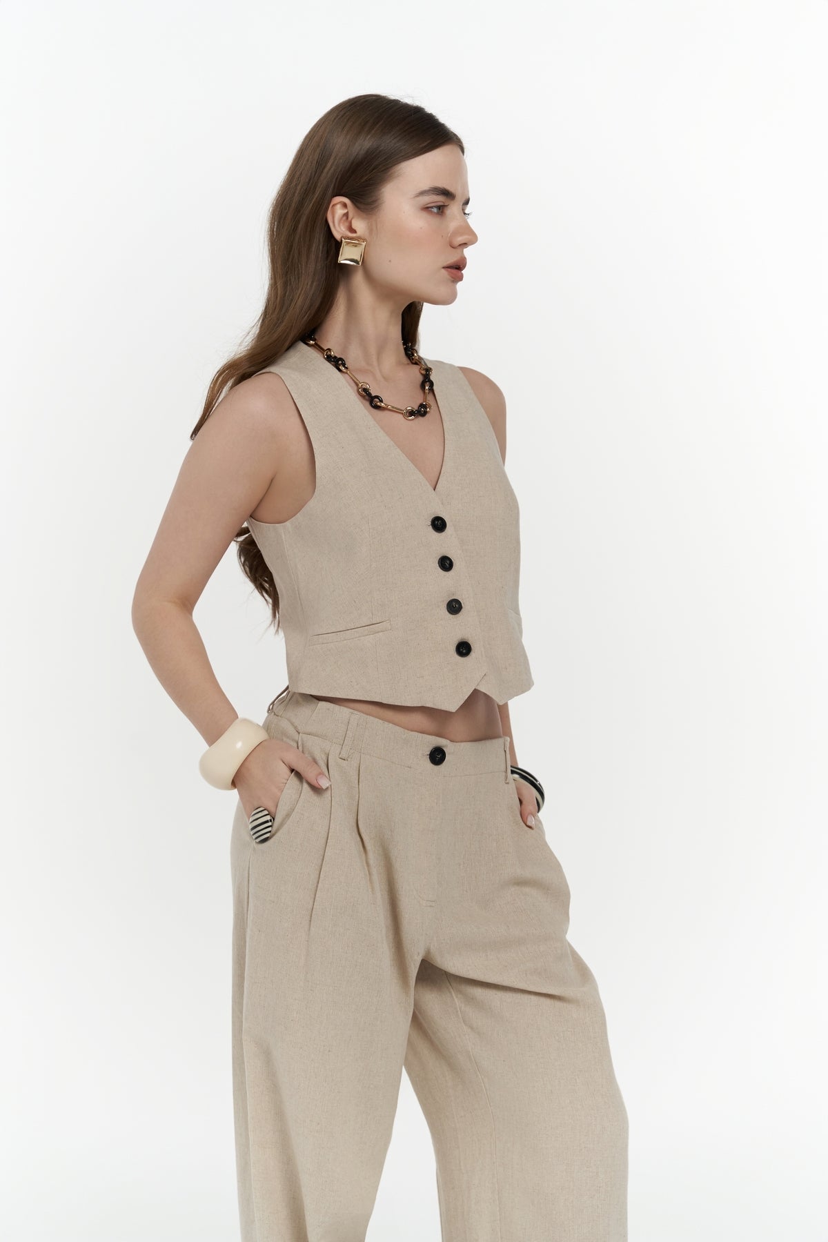 Anka Linen Beige Vest Trousers Set