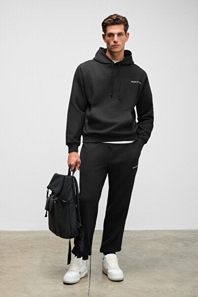 MARSHALLHOODIE Men's Cotton Relaxed Black Tracksuit Set with Fleece Embroidery