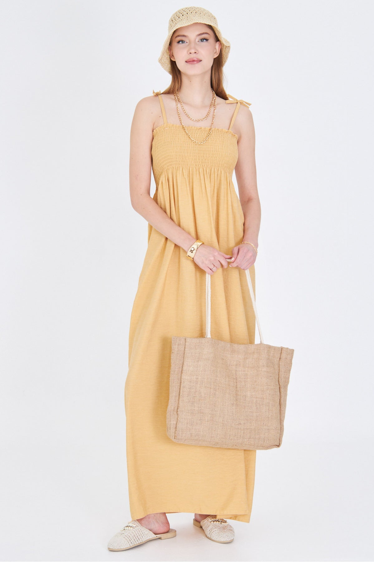 Women's Yellow Straps Lace Up Chest Gimped Elastic Long Dress ARM-25Y001069
