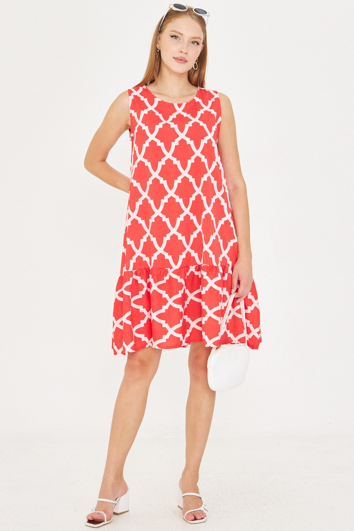 Women's Red-White Patterned Sleeveless Skirt Frilly Dress ARM-22K001142