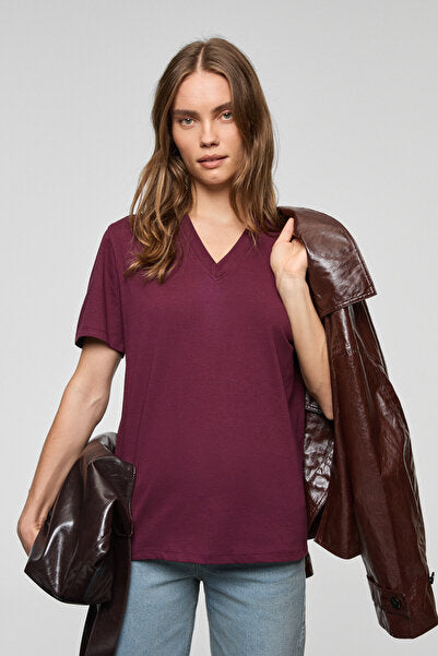 ALINE Women's 100% Organic Cotton Deep V-Neck Comfort Fit Claret Red T-Shirt
