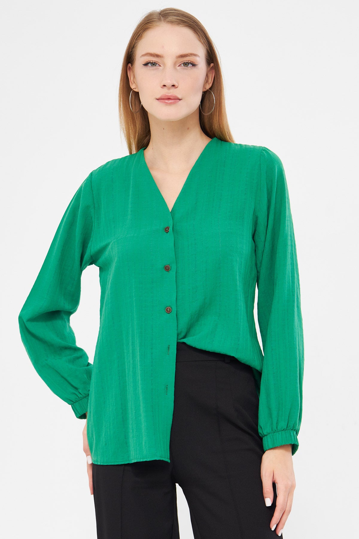 Women's Green Wrapped Shirt with Elastic Sleeves ARM-24K001002