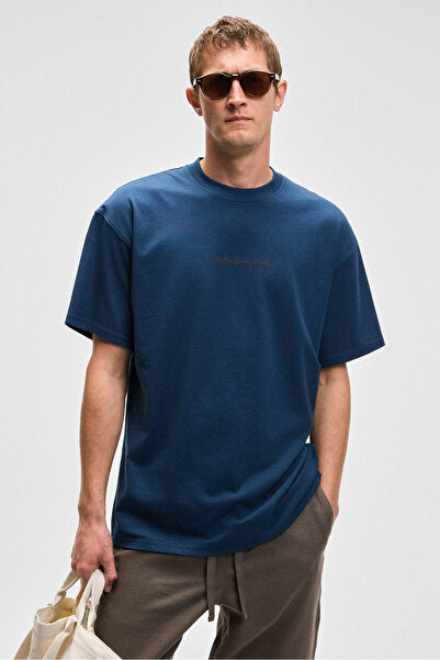 BENFICA Men's 100% Organic Cotton Print Detailed Oversize Short Sleeve Crew Neck Navy Blue T-Shirt