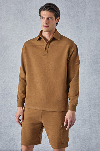 Aatrox Men's Polo Collar Buttoned Long Sleeve Regular Fit Dark Brown Sweatshirt with Embroidery Detail