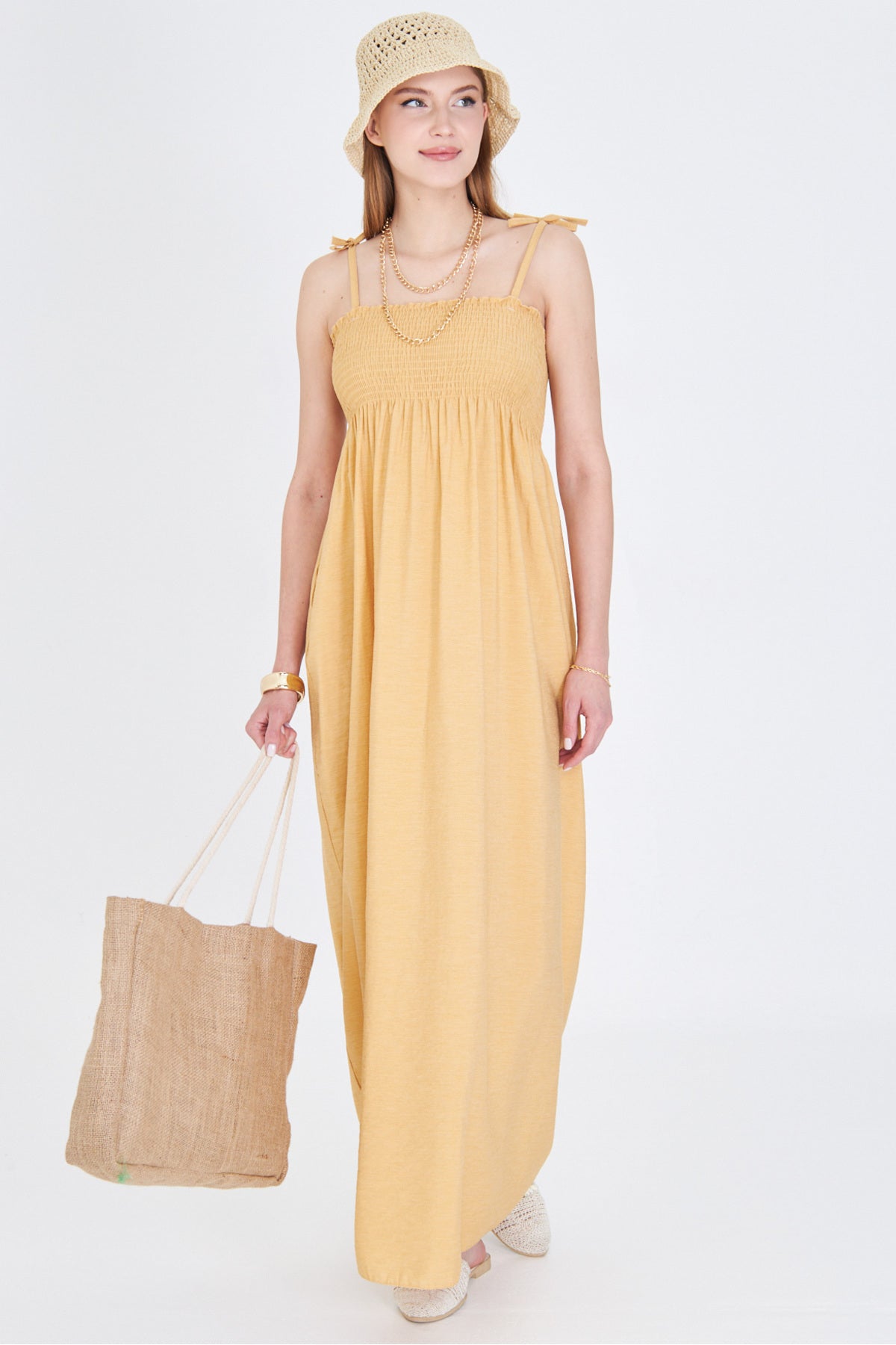 Women's Yellow Straps Lace Up Chest Gimped Elastic Long Dress ARM-25Y001069