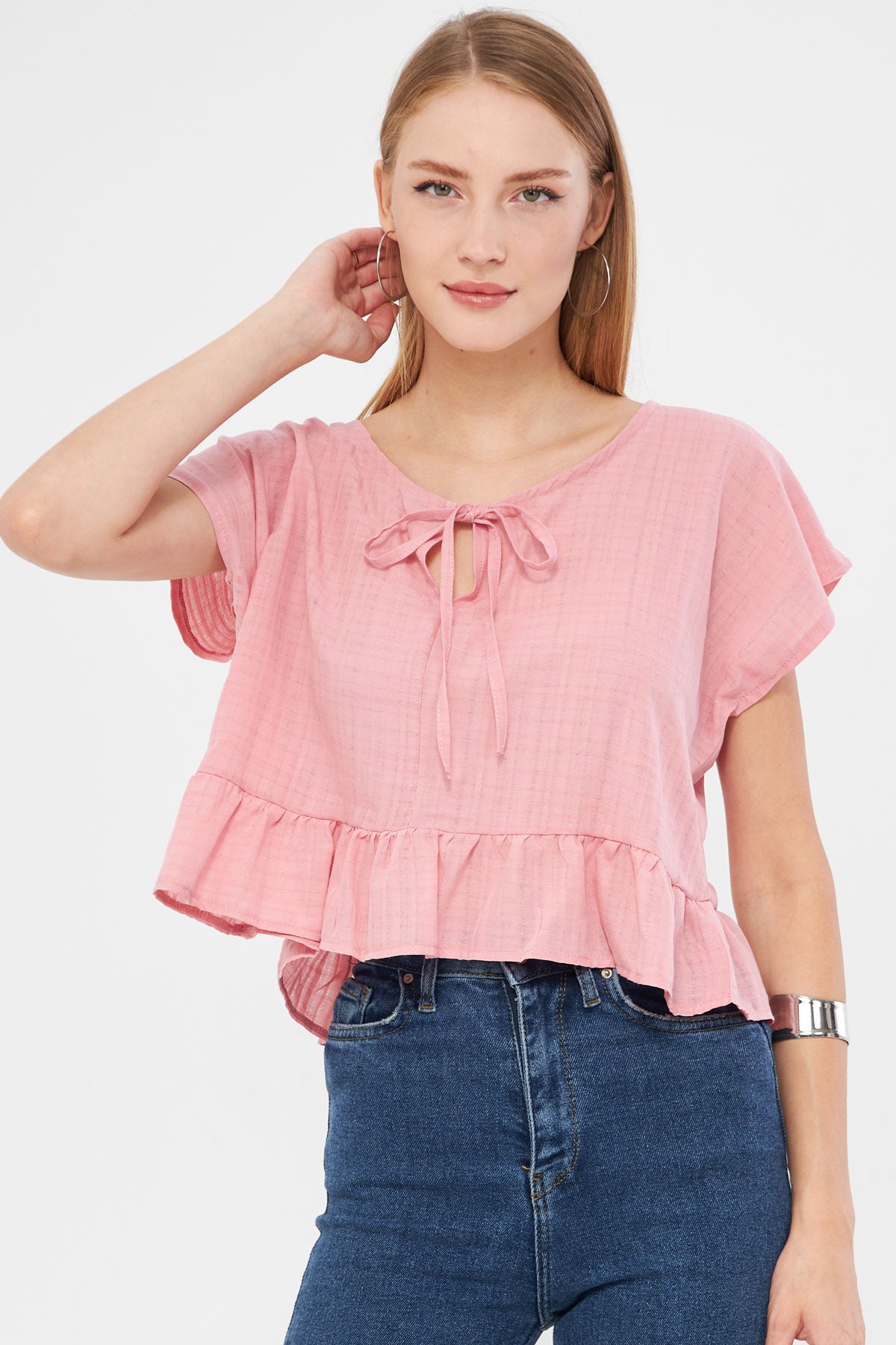 Women's Powder Bat Sleeve Collar Tie-Up Skirt Ruffled Oversize Crop Blouse ARM-24Y001088