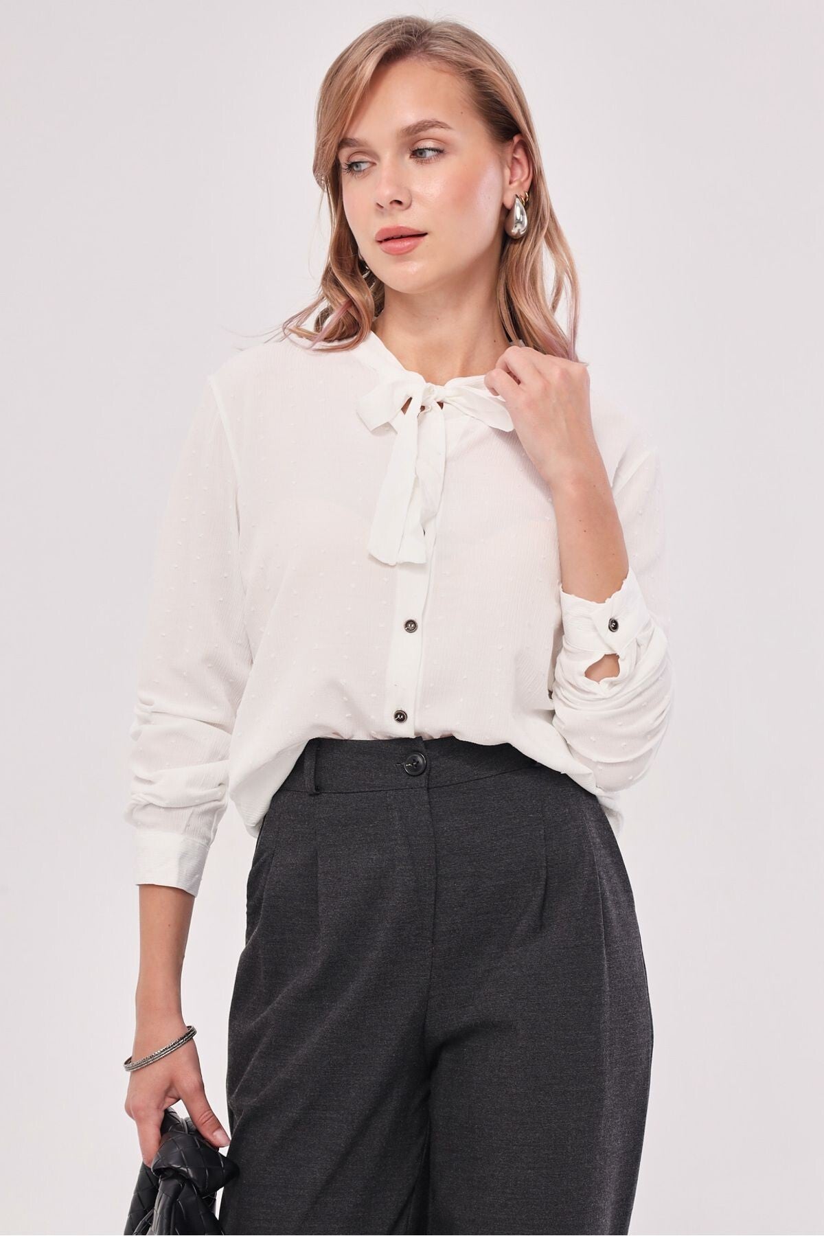 Women's White Collar Tie-Up Patterned Shirt ARM-20K001150