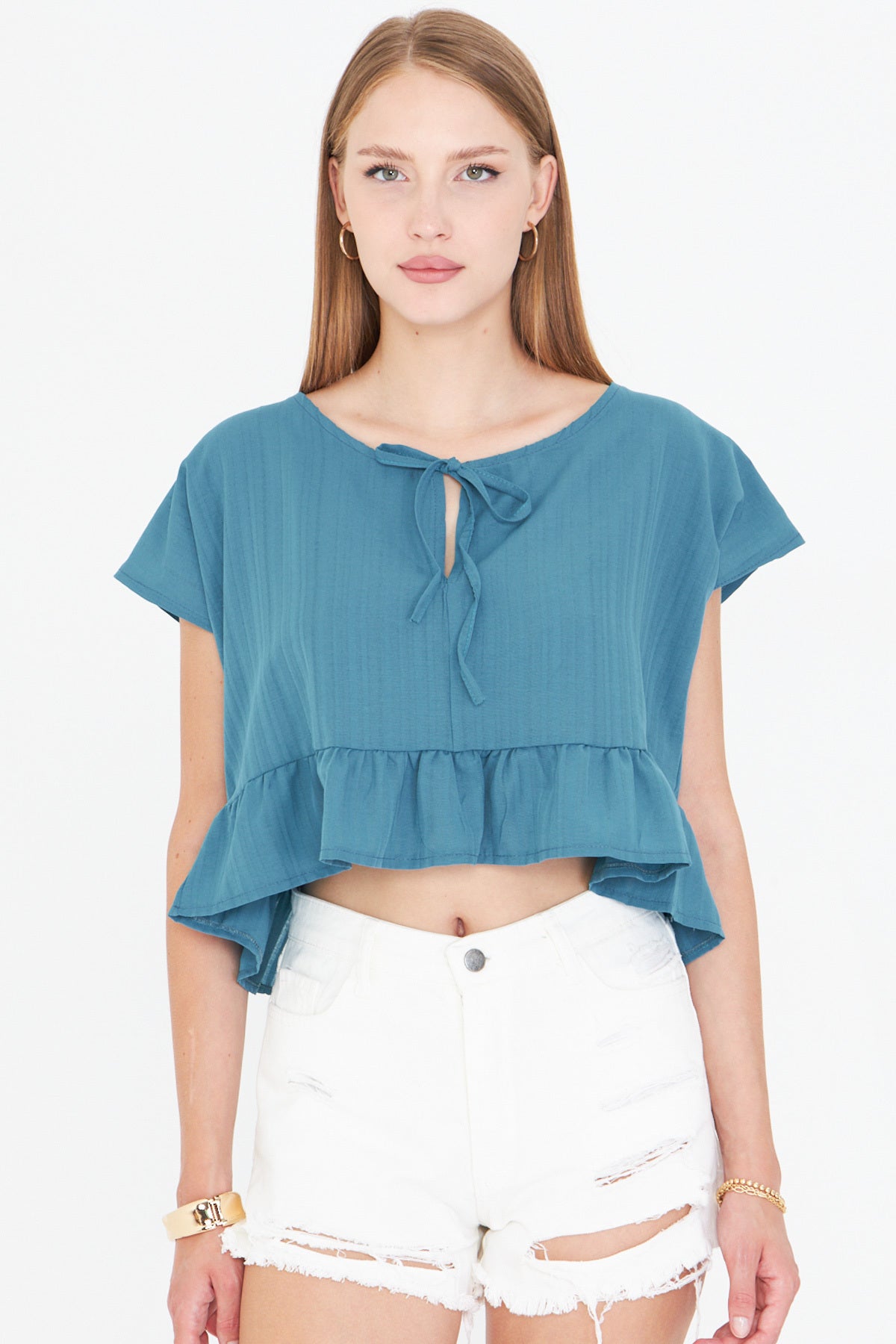 Women's Petrol Bat Sleeve Collar Tie-Up Skirt Ruffled Oversize Crop Blouse ARM-24Y001088