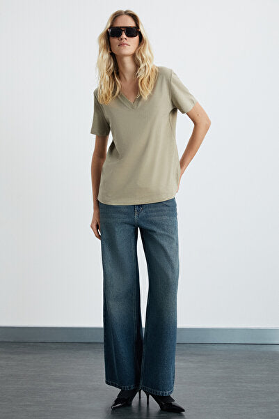 Aline Women's 100% Organic Cotton Deep V-Neck Comfort Fit Beige T-shirt