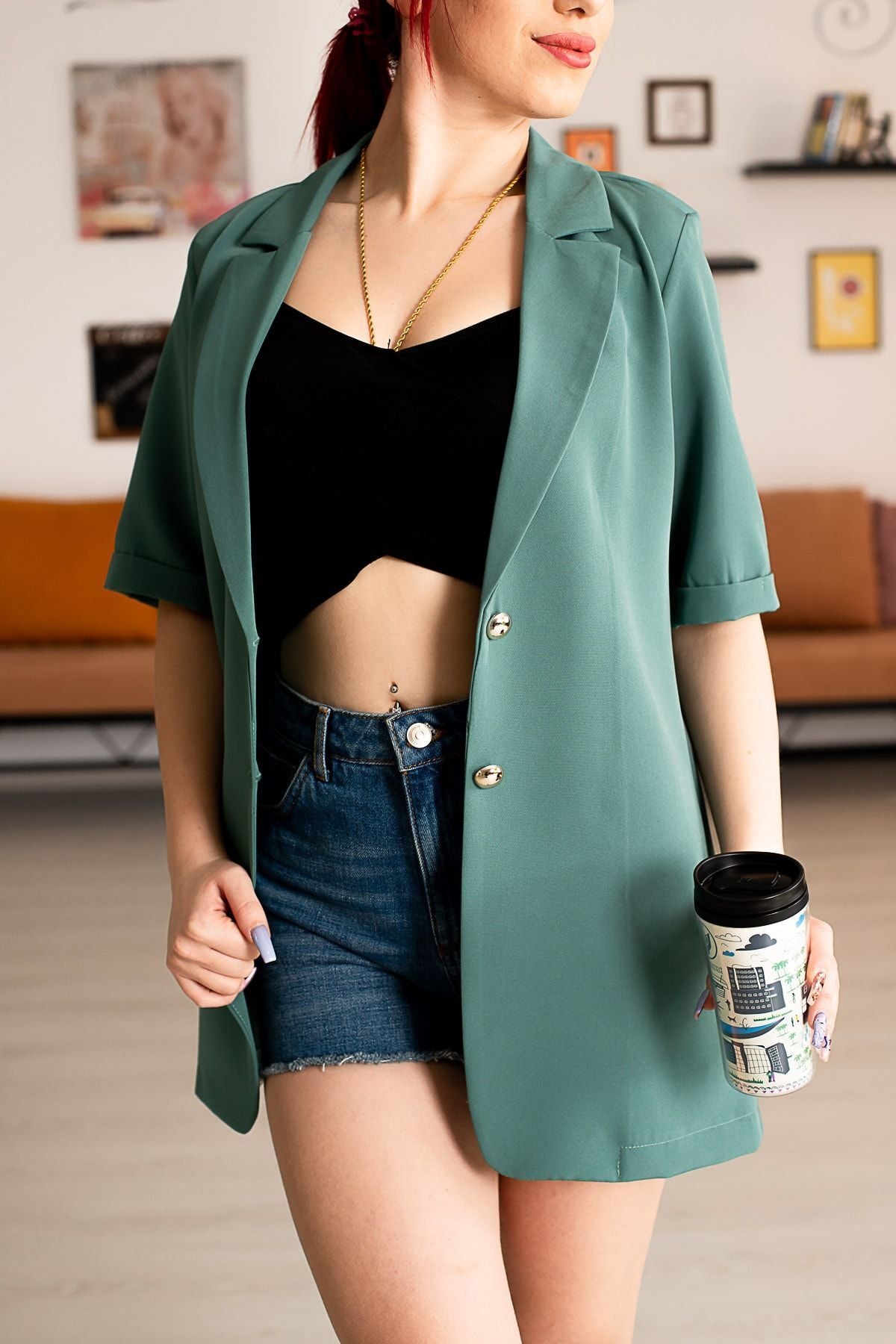 Women's Turquoise Short Sleeve Two-Button Oversize Jacket Arm-23y001034