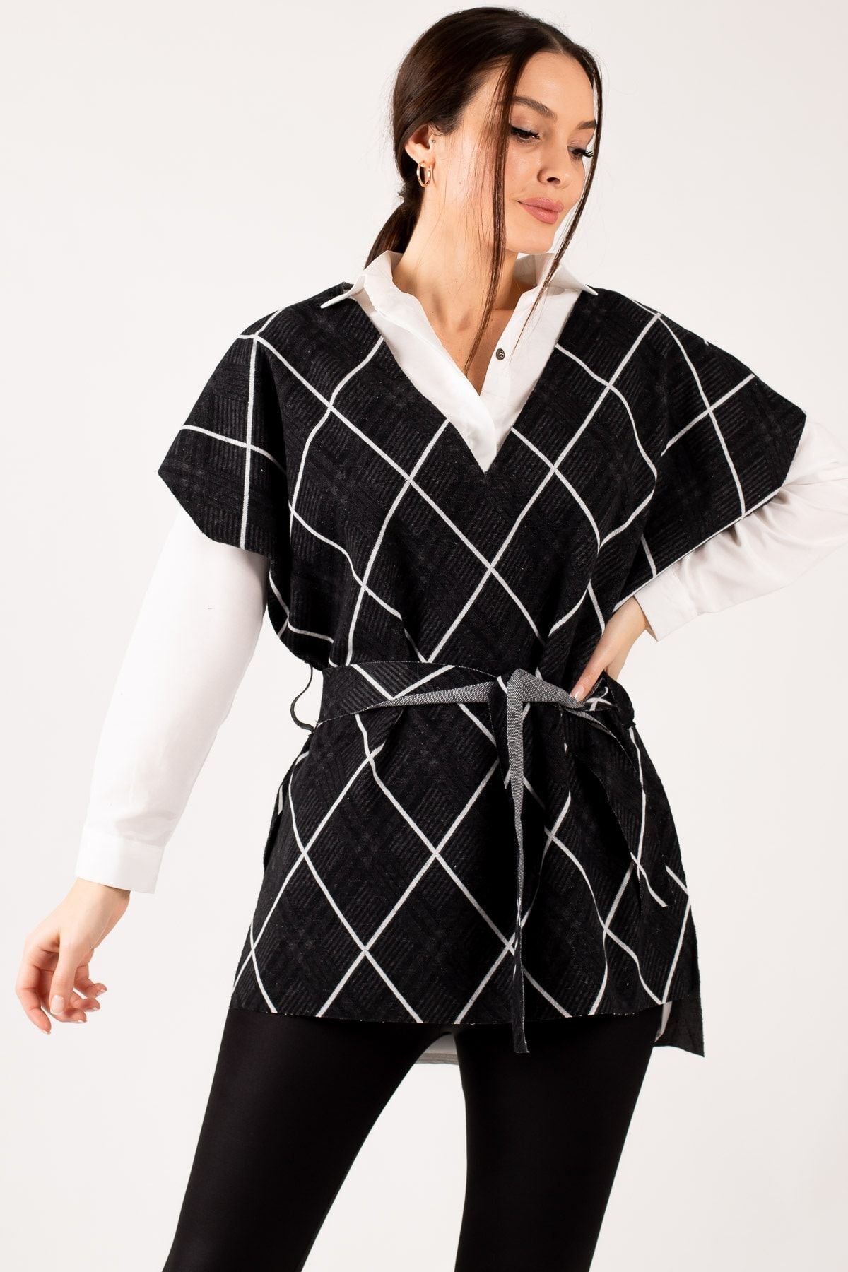 Women's White Tie Waist V-Neck Sweater ARM-21K001069