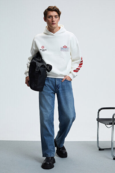 ABISMO Men's Hooded Kangaroo Pocket Sleeves and Back Printed Relaxed Fit White Sweatshirt