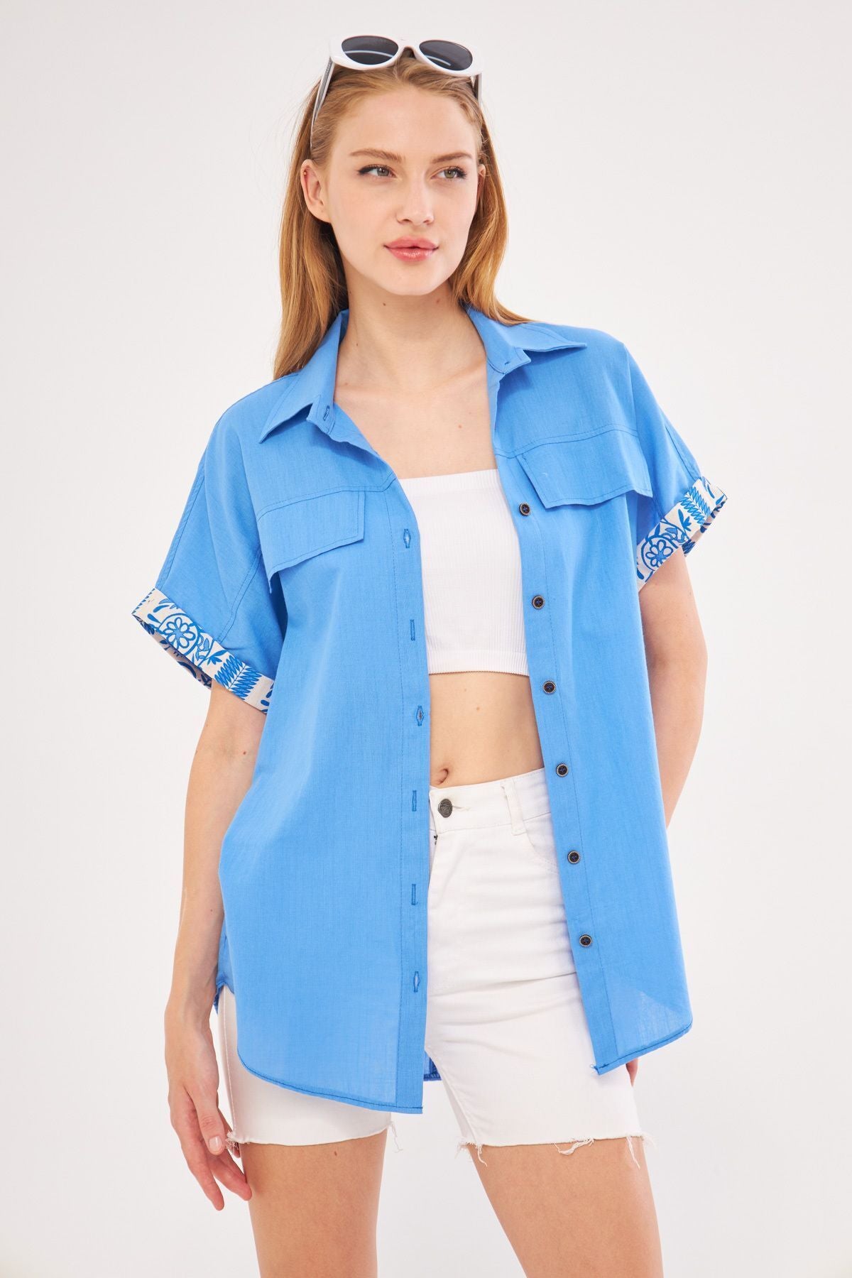 Women's Baby Blue Oversize Double Sleeve Detailed Shirt ARM-24Y001075
