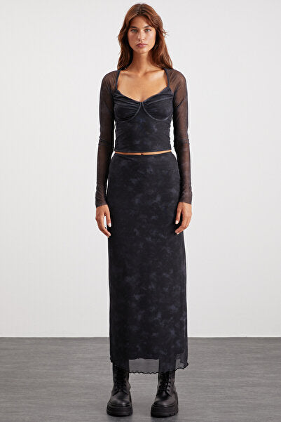 Beulah Women's Maxi Length Elastic Waist Tulle Dark Gray Skirt