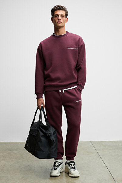 MARSHALL Men's Cotton Embroidered Relaxed Dark Claret Red Tracksuit Set