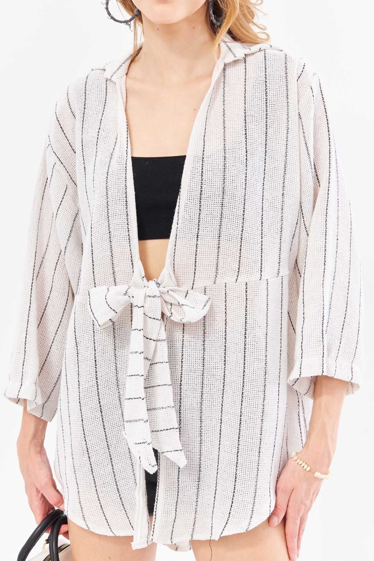 Women's White Striped Front Tie Kimono Shirt ARM-24Y001091