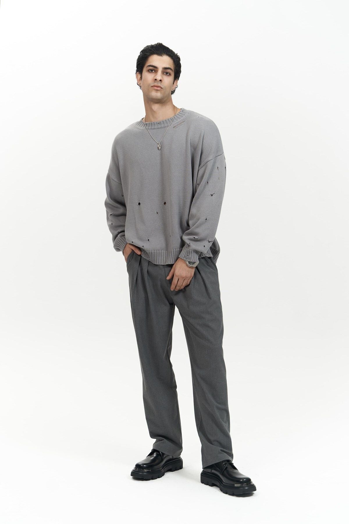 Alec Ribbed Ripped Detail Smoked Men's Knitwear Sweater