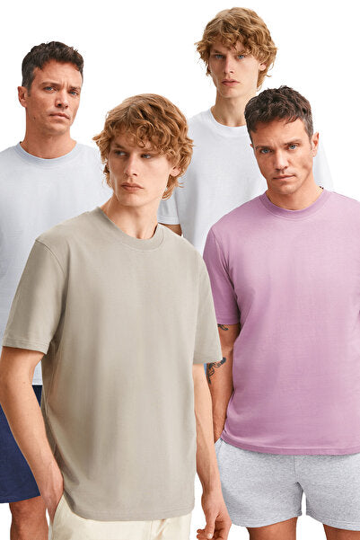 Alessandro Men's 4-Piece Organic Cotton Regular Thick Textured Crew Neck Pmb/ Grey/ Vzn/ Byz T-shirt