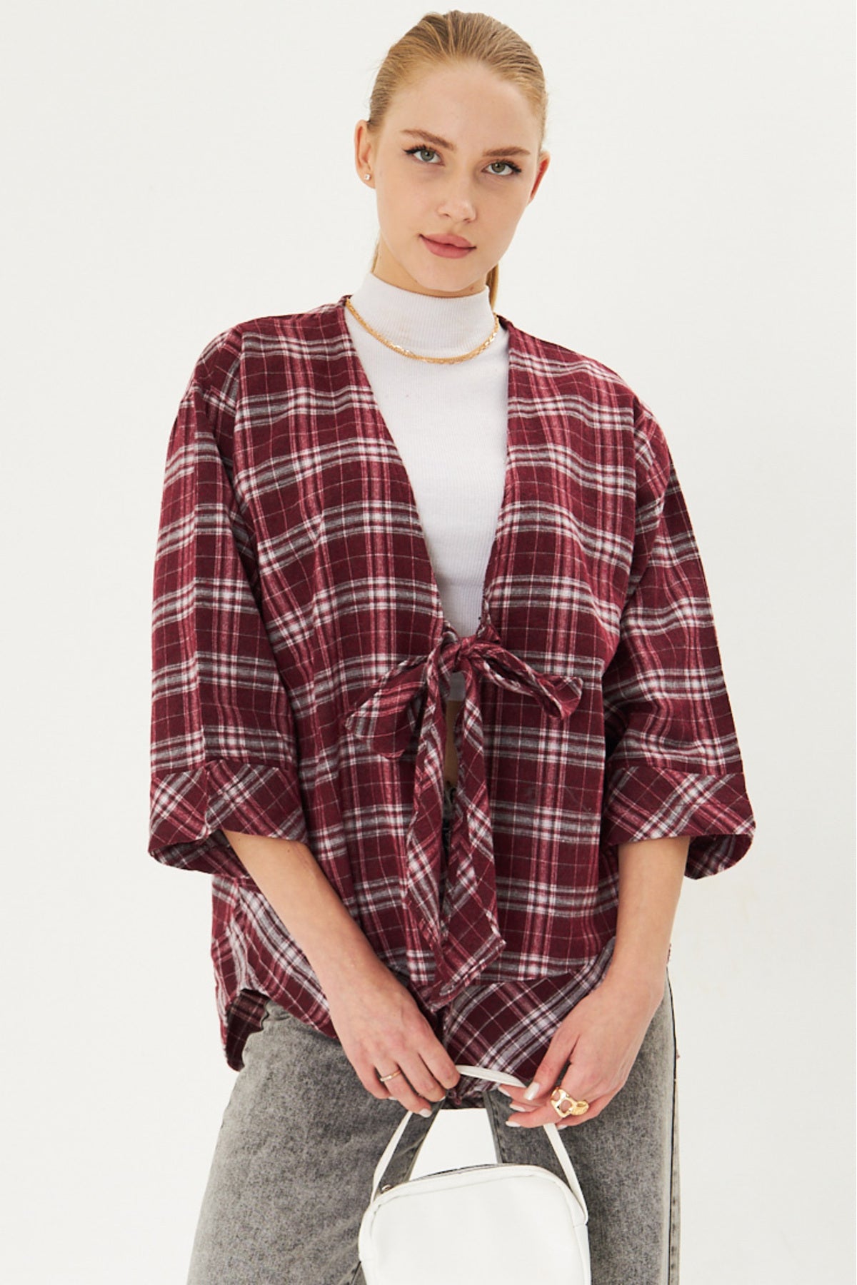 Women's White-Burgundy Front Tie Plaid Kimono Shirt ARM-25K001017