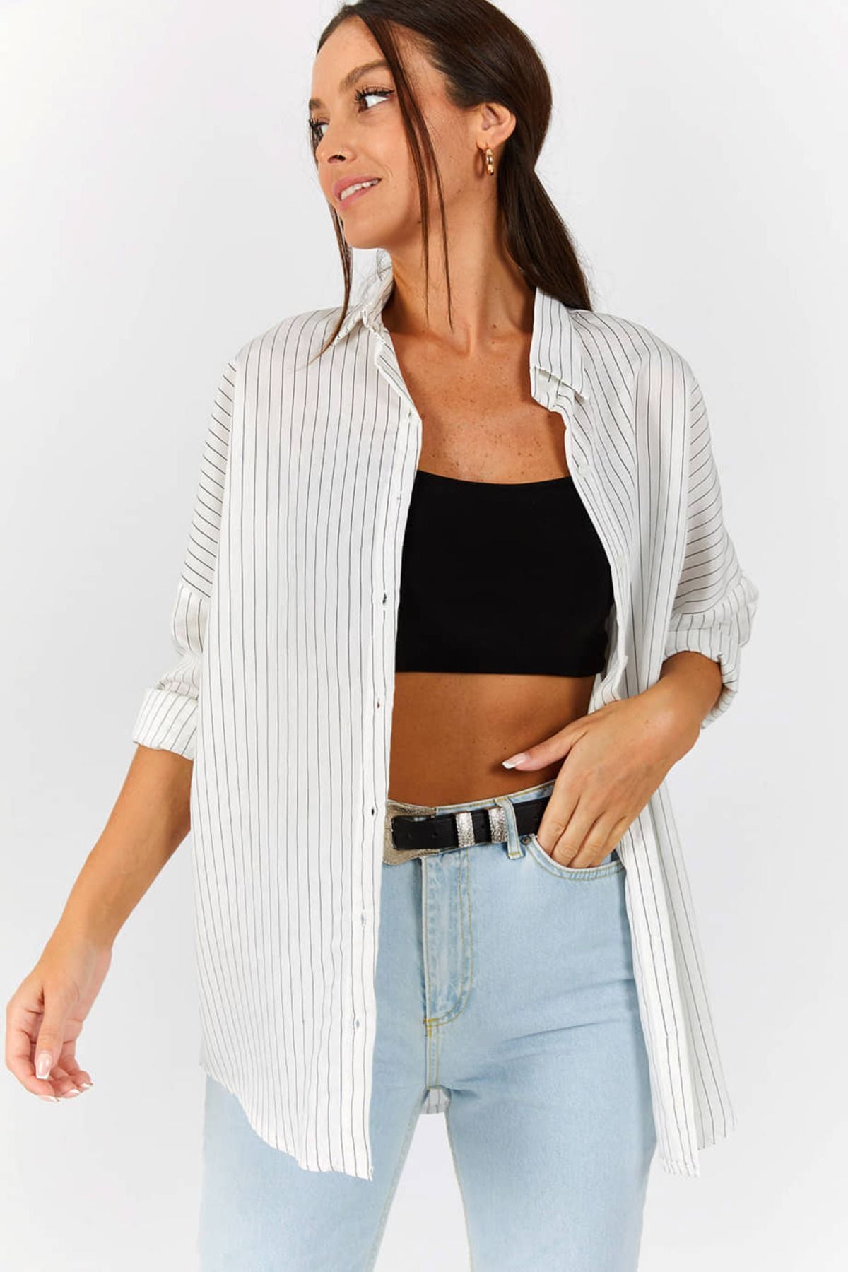 Women's White Striped Oversize Long Basic Shirt ARM-22Y001129