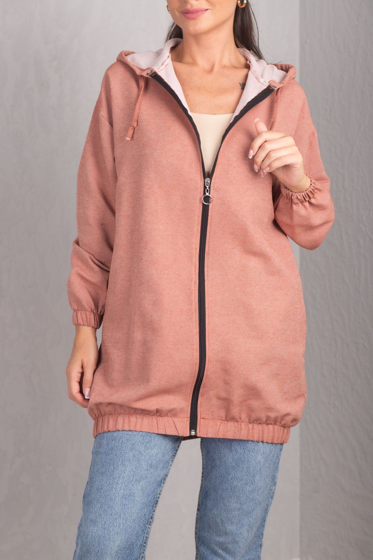 Women's Tile Zippered Hooded Trench Arm-21k024030