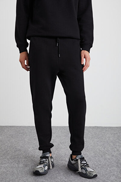 Adens Men's Regular Organic Cotton Premium Fabric Raised Elastic Leg Black Sweatpants