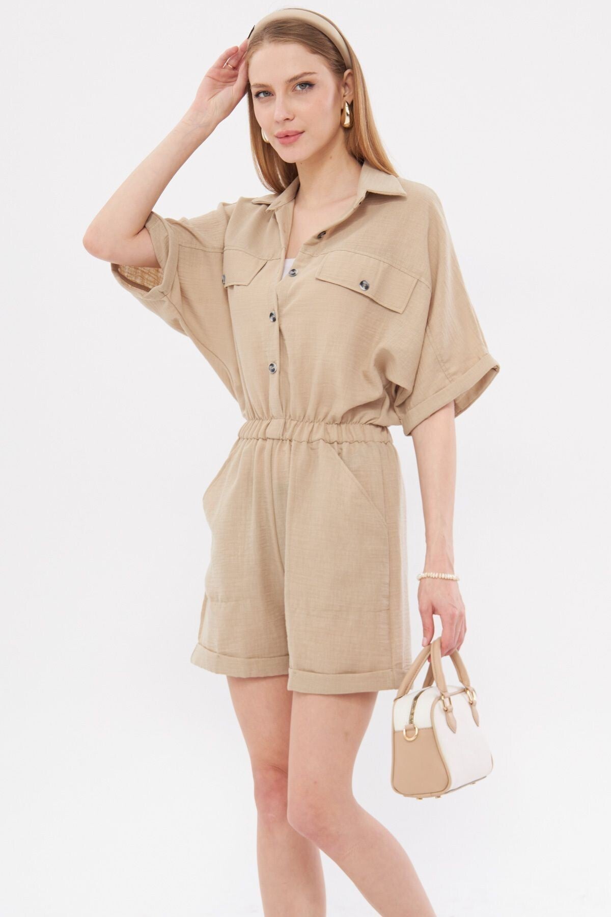 Women's Beige Bat Sleeve Pocket Elastic Waist Jumpsuit with Shorts ARM-23Y001075