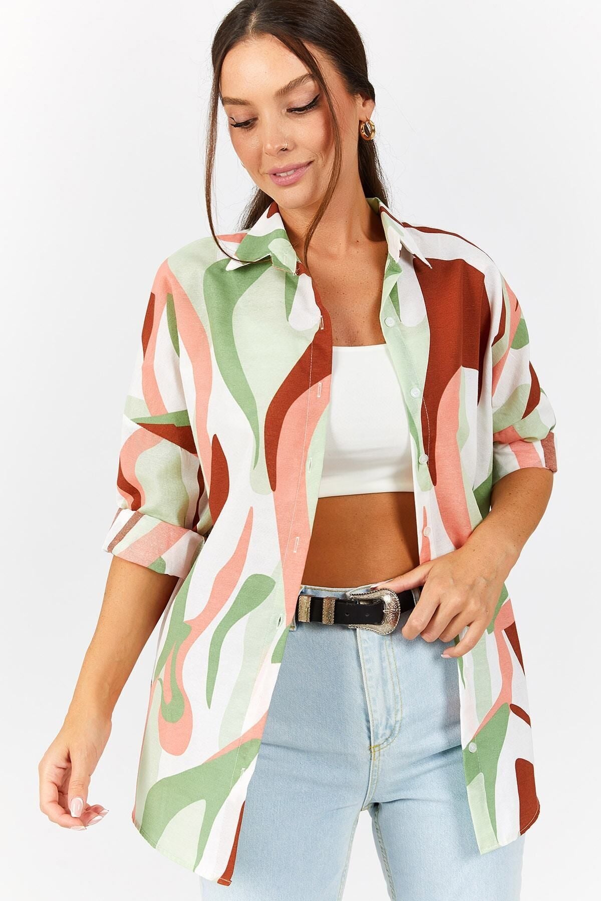 Women's Tan Patterned Oversize Long Basic Shirt Arm-22Y001148