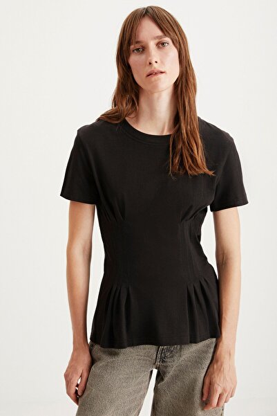 Jessıa Women's Crew Neck 100% Cotton Corset Detailed Short Sleeve Black T-shirt