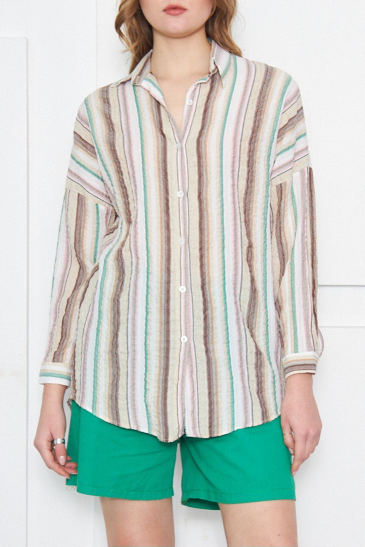Women's Stone Striped Oversize Long Basic Shirt ARM-24K001061