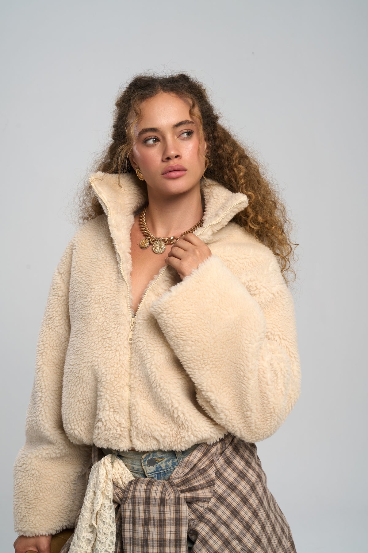 Orliva Teddy Beige Short Bomber Jacket