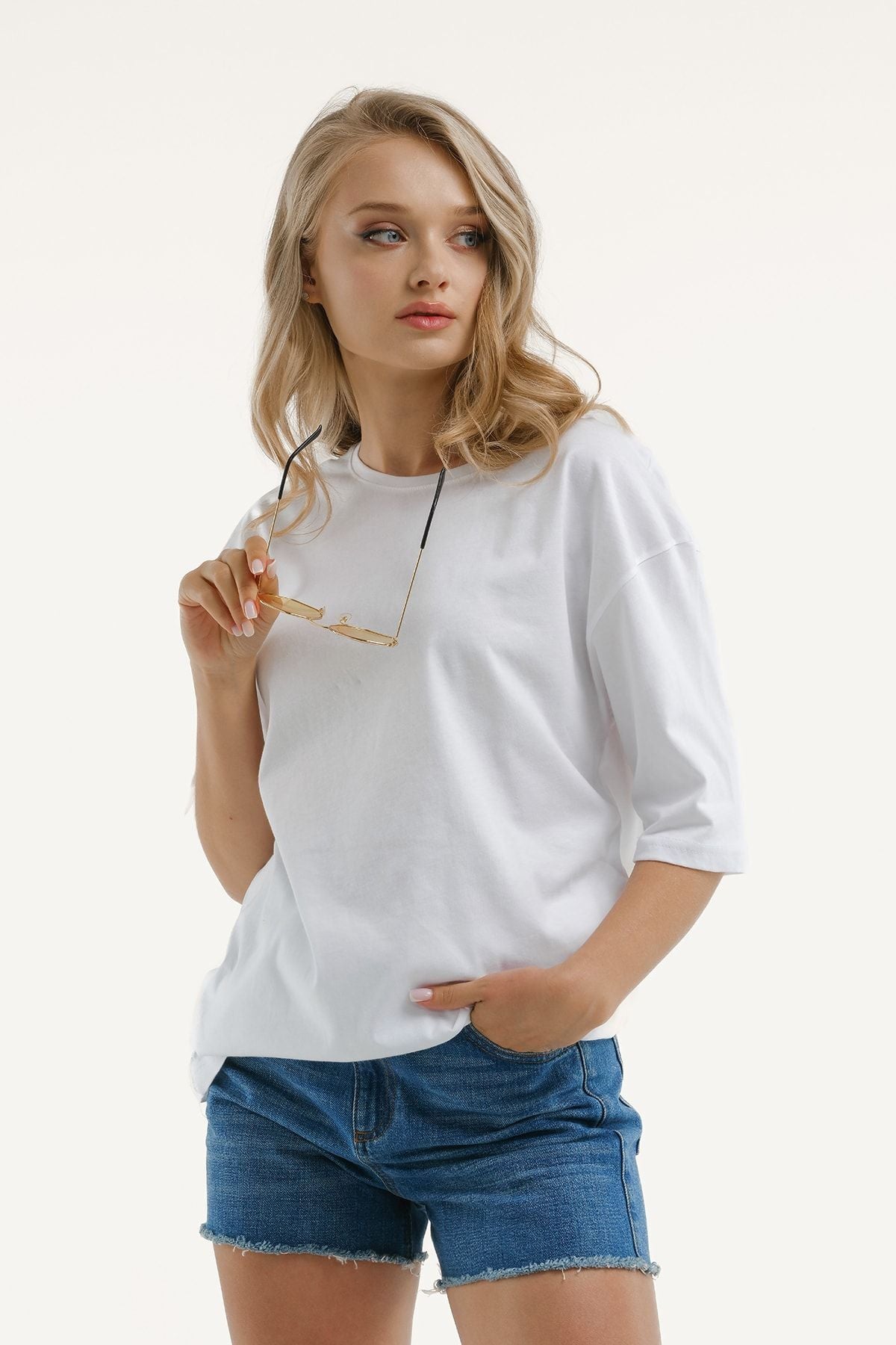 Women's White Round Collar Oversize T-shirt Arm-23y012001