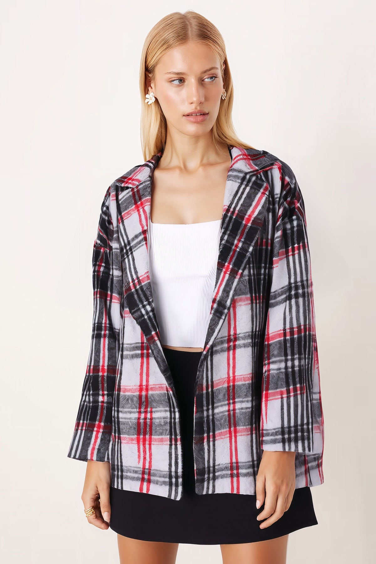 Women's Black-Red Men's Oversize Jacket with Side Slits on the Collar ARM-26K001009