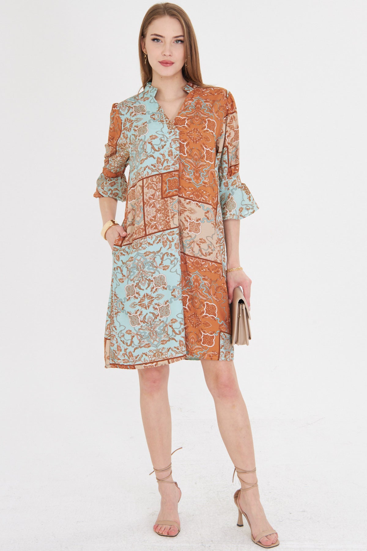 Women's Turquoise V-Neck Pleat Detailed Pocket Quarter Sleeve Dress ARM-25Y001029