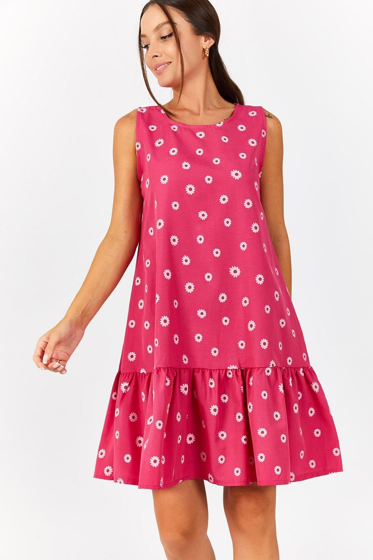 Women's Pink Daisy Pattern Sleeveless Skirt Ruffle Dress ARM-22Y001123