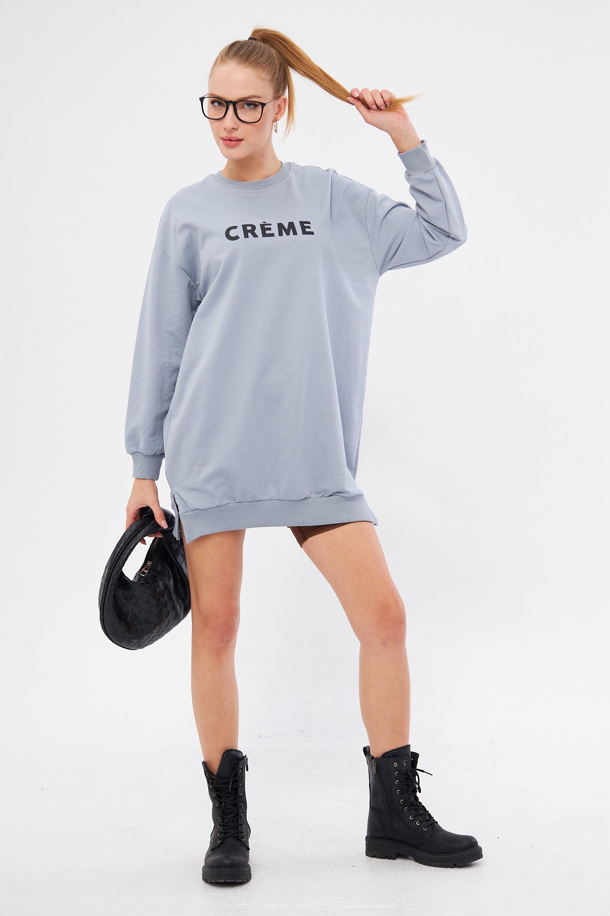 Women's Gray Crew Neck Front Written Tunic Sweatshirt ARM-25K001029