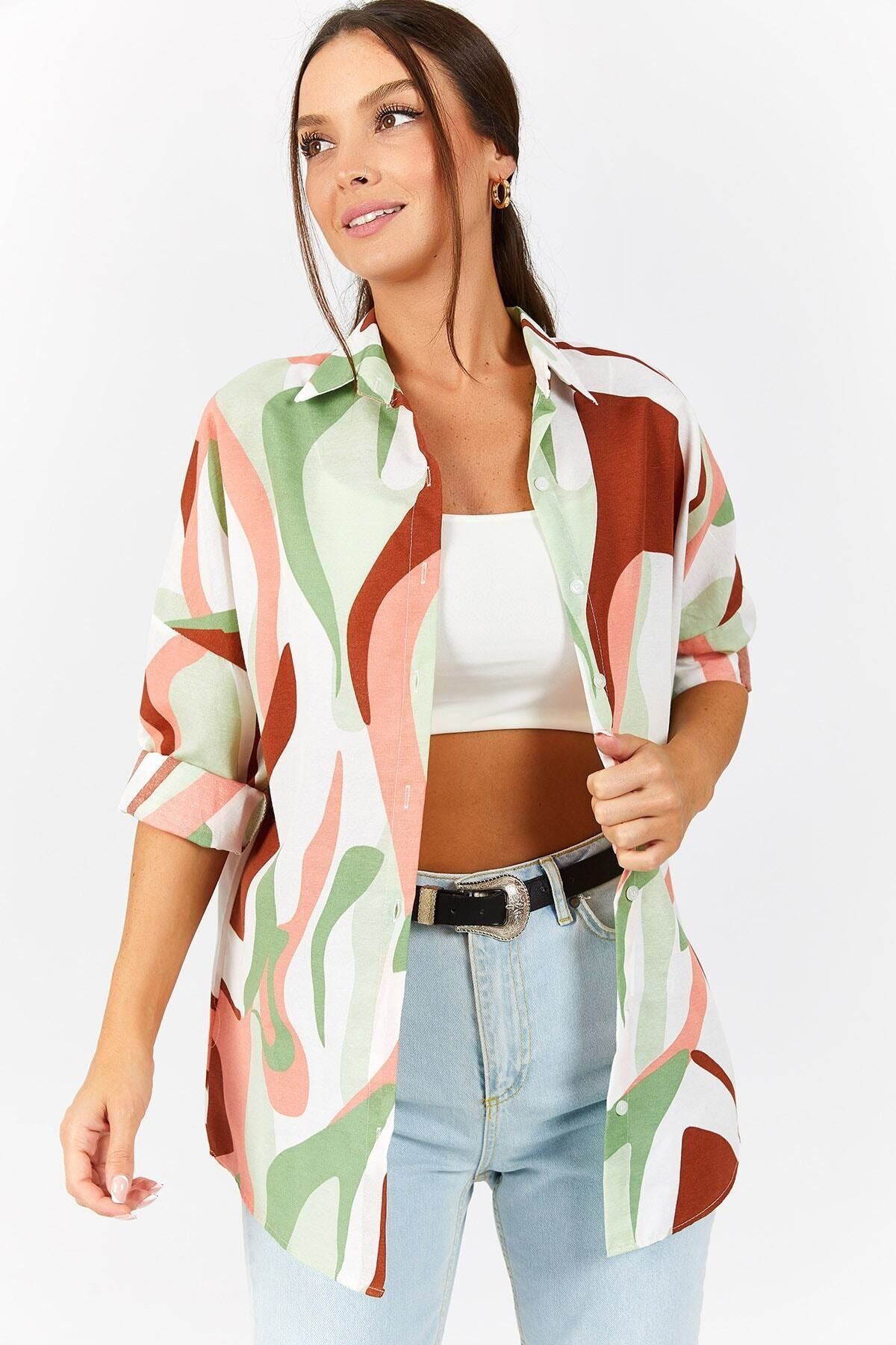 Women's Tan Patterned Oversize Long Basic Shirt Arm-22Y001148