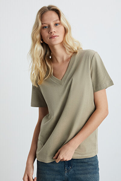 Aline Women's 100% Organic Cotton Deep V-Neck Comfort Fit Beige T-shirt